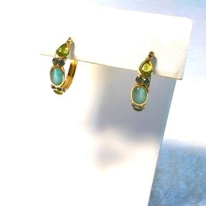 Vintage Goldtone with Blue/Green Acrylic Beads Pierced Hoop Earrings